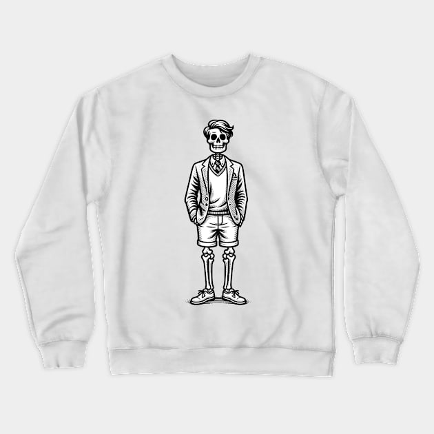 Preppy Skeleton - Black and White Line Drawing Crewneck Sweatshirt by Quirk Print Studios 